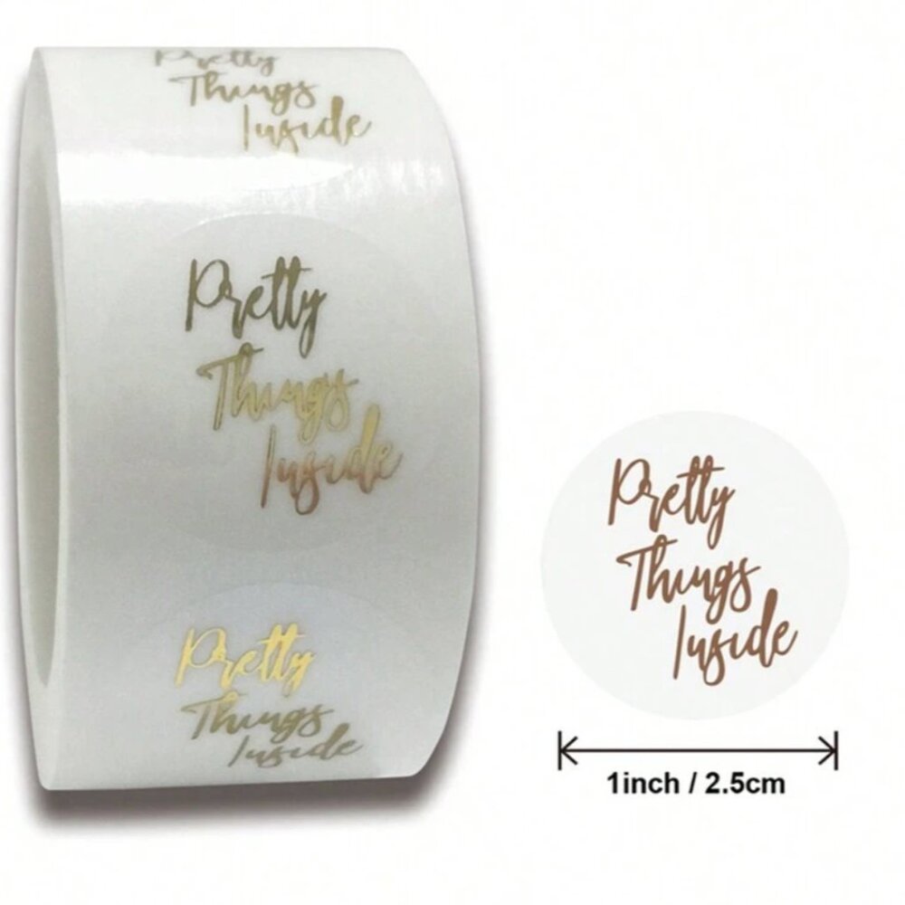 Pretty Things Inside Stickers Roll of 500 - Gold Foil White Vinyl Labels |
